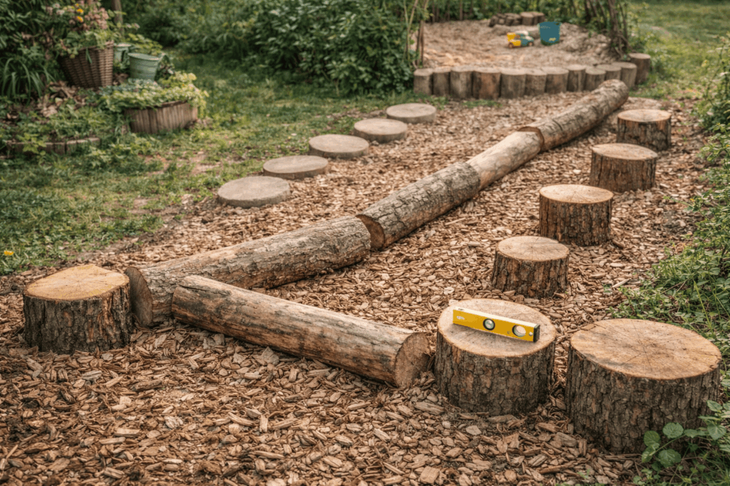 Balancierparcours aus Baumstämmen