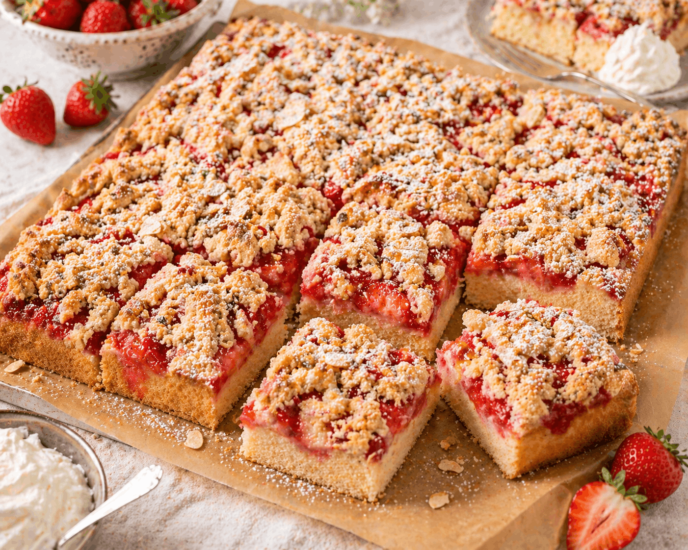 Erdbeer-Blechkuchen mit Mandel-Streuseln
